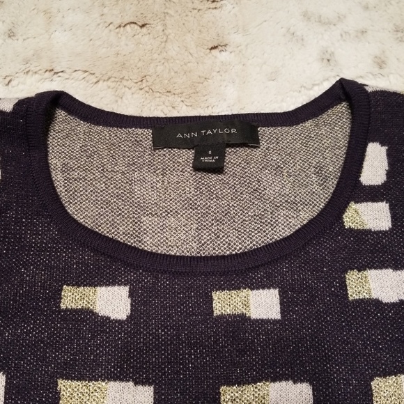 Ann Taylor Blue White Gold Light Weight Wool Blend Check Print Sweater Size S - Picture 4 of 6